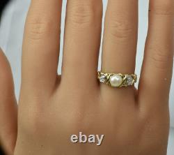 10k Solid Yellow Gold 2 Earth Mined Diamonds Cultured Pearl Ring