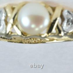 10k Solid Yellow Gold 2 Earth Mined Diamonds Cultured Pearl Ring