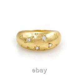 14K Solid Yellow Gold Over Starburst Star Dome Signet Ring with Diamond Sz 5-12