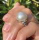 14k White Gold 16mm Mabe Pearl Diamond Vintage Unusual Cocktail Ring Size 5.25