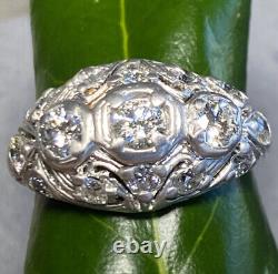 14K White Gold Diamond Vintage Art Deco Pierced Fluid Scrolls Dome Ring Size 7.5