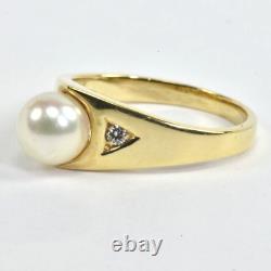 14k Solid Yellow Gold 2 Earth Mined Diamonds Japan Cultured Pearl Ring