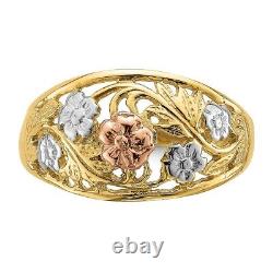 14k Two Tone White Flower Dome Ring Leaf Fine Jewelry Women Gifts Her