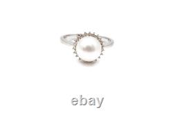 14k White Gold 7.75mm Pearl Diamond Halo Ring Size 6.75