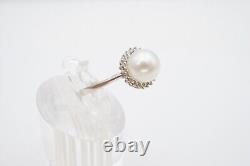 14k White Gold 7.75mm Pearl Diamond Halo Ring Size 6.75