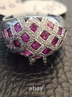 14k White Gold Ruby & Diamond Ring Princess Cut Dome Shape, Ruby Ring, cocktail