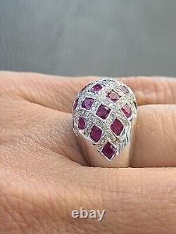 14k White Gold Ruby & Diamond Ring Princess Cut Dome Shape, Ruby Ring, cocktail