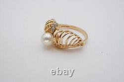 14k Yellow Gold 6.5mm Pearl And Diamond Crown Ring Size 6.5 Signed Kimberly