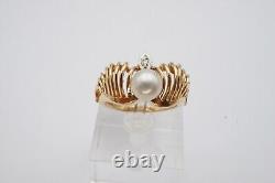 14k Yellow Gold 6.5mm Pearl And Diamond Crown Ring Size 6.5 Signed Kimberly