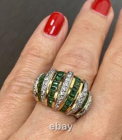 18K White Yellow 2-Tone Gold Diamond Mystery-Set Emerald Domed Bombe Ring Size 6