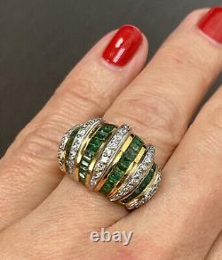 18K White Yellow 2-Tone Gold Diamond Mystery-Set Emerald Domed Bombe Ring Size 6