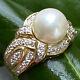 18k Yellow Gold 7.5mm White Pearl Diamond Ring Twisted Braid Shoulders Size 5.75
