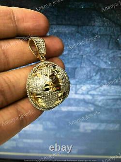 1.50 CT Moissanite Domed 3D World Map Pendant Globe Charm 14K Yellow Gold Plated