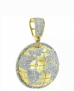 2Ct Lab Created Diamond Domed 3D World Map Pendant Charms 14k Gold Plated Silver