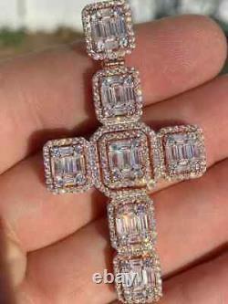 4Ct Baguette Cut Simulated Moissanite Dome Cross Pendant 14K Rose Gold Plated
