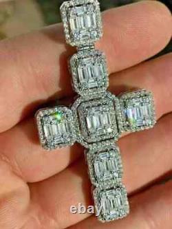 4Ct Baguette Cut Simulated Moissanite Dome Cross Pendant 14K White Gold Plated