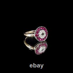 9ct white gold ruby diamond cluster target ring Art Deco style size L round halo