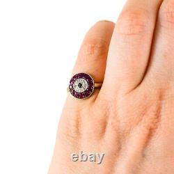 9ct white gold ruby diamond cluster target ring Art Deco style size L round halo