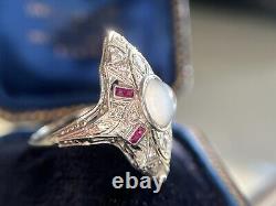 Antique Art Deco 14k White Gold Moonstone Ruby Diamond Dinner Ring Video