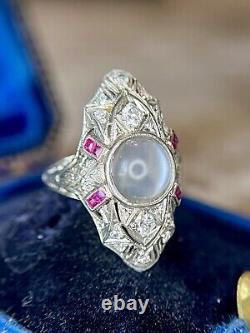 Antique Art Deco 14k White Gold Moonstone Ruby Diamond Dinner Ring Video