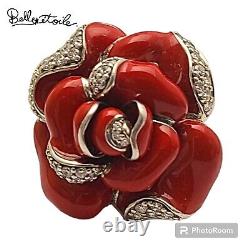 Belle Etoile Red Enamel Cz Flower Sterling Silver 925 Domed RING Size6