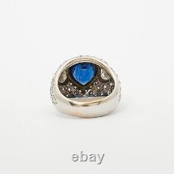 Bezel Set Heart Cut Blue Sapphire & Clear White Cubic Zirconia Dome Design Ring