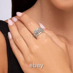 Diamond Studded Ring Real 14k Solid White Gold Unique Stackable Multi Row Dome