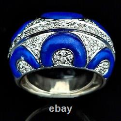 Estate Diamonds Royal Blue Enamel 14k White Gold Cocktail Dome Ring Pave Gift