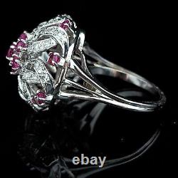 Estate Diamonds Rubies 18k 14k White Gold Cocktail Dome Cluster Ring Flower Gift