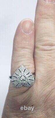 Estate Sterling Silver Natural Diamond Art Deco Style Filigree Heart Ring Sz8.25