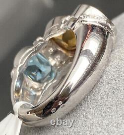 HUGE 18K White Gold Diamond Buff Blue Topaz Citrine 3-Stone Horizontal Ring Sz 7