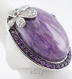 Huge Cabochon Shape Purple Charoite & White Diamonds Flower Dome Women's Ring