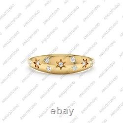 Natural Diamond Celestial Ring, 14k Yellow Gold Dome Star Pinky Finger Band Ring