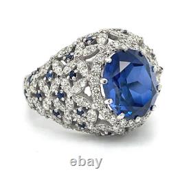 Pretty Blue Oval Cut 4.07CT Sapphire & White Diamonds Royal Floral Dome Ring