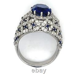 Pretty Blue Oval Cut 4.07CT Sapphire & White Diamonds Royal Floral Dome Ring