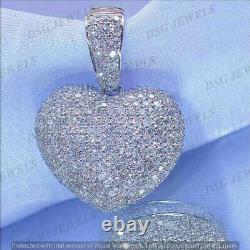 Real 925 Sterling Silver Mens Domed Puffed Heart Pendant 2Ct Cubic Zirconia 1.5