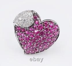 Samuel B. 14k White Gold Pave Ruby Diamond Heart Cocktail Ring Sz 5.5 RG3743