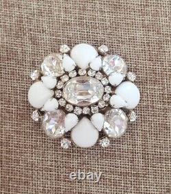 Signed Schreiner Brooch Dome White Glass Crystal
