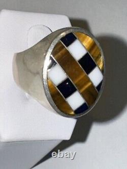 Vintage 11.5 Sterling Tiger Eye Onyx And MOP RING