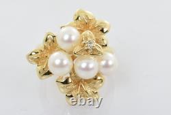 Vintage Floral Design Ring with Pearl & Diamond 14k Yellow Gold Size 6