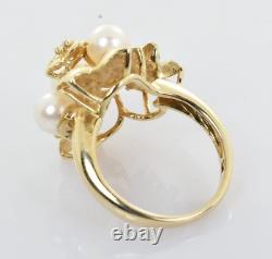 Vintage Floral Design Ring with Pearl & Diamond 14k Yellow Gold Size 6