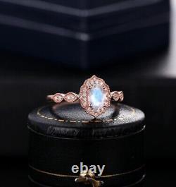 Bague de demande de mariage en argent plaqué or rose avec pierre de lune arc-en-ciel de style Art Déco