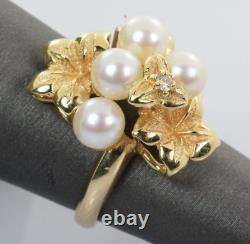 Bague de design floral vintage avec perle et diamant en or jaune 14 carats taille 6