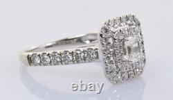 Bague de fiançailles en diamant taille émeraude à double halo en or blanc 14k. 75 carats Taille 7