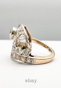 Bague en diamant à l'ancienne coupe européenne d'environ 2,70 carats en or jaune 14 carats de style Art Nouveau Déco Antique