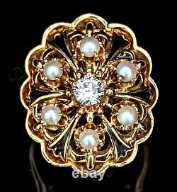 Bague en or jaune 14 carats avec perles émaillées noires et diamant ancien taillé à l'européenne